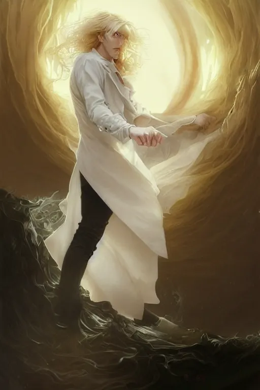 Image similar to johan liebert mixed with alucard picture by Greg Rutkowski, long fluffy blond curly hair, baroque curls, dynamic pose, thicc, matte painting, intricate, z brush, fantasy concept art, elegant, in a white dress shirt and black miniskirt, by Stanley Artgerm Lau, WLOP, golden ratio, thomas kindkade, alphonse mucha, loish, Peter chung, norman Rockwell,