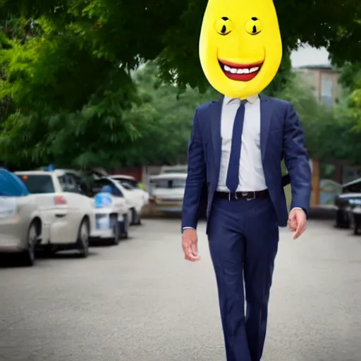 Prompt: a person with a banana head wearing a business suit