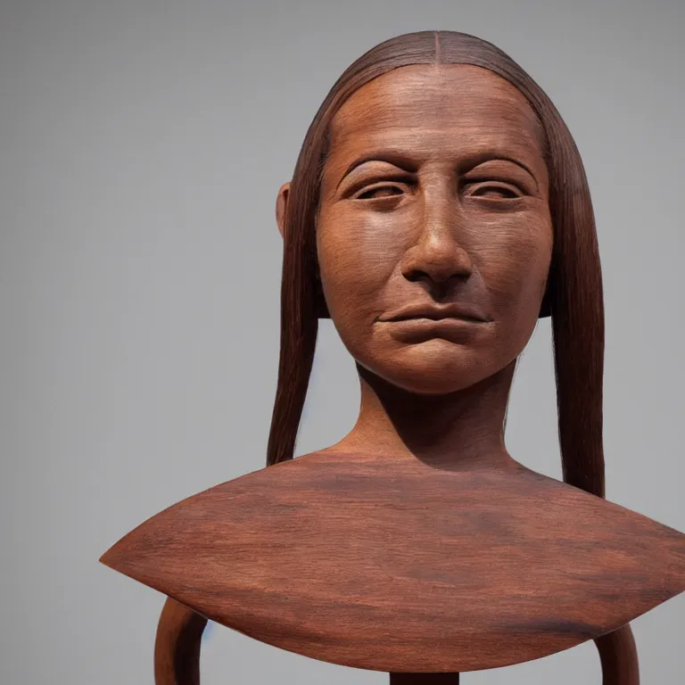 Image similar to public sculpture minimalist portrait of a powerful woman wearing pigtails, beautiful symmetrical face accurate face detailed face realistic proportions, carved out of mahogany wood on a pedestal by stephan balkenhol and martin puryear, hyperrealistic dramatic lighting shocking detail trending on artstation 8 k