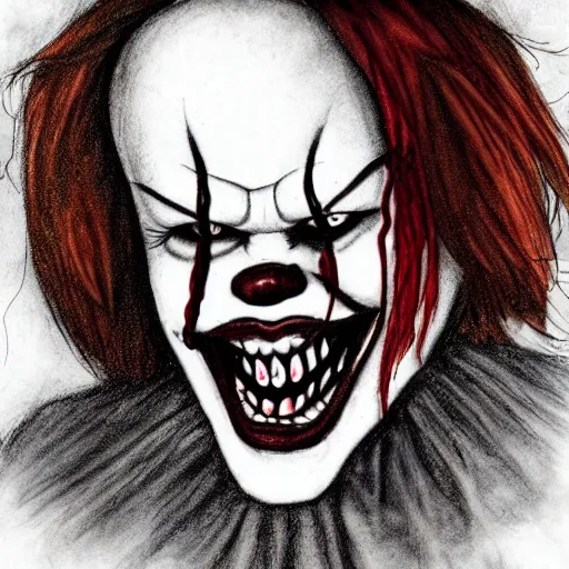 Image similar to grunge drawing of a happy pennywise in the style of the grudge | horror themed | loony toons style