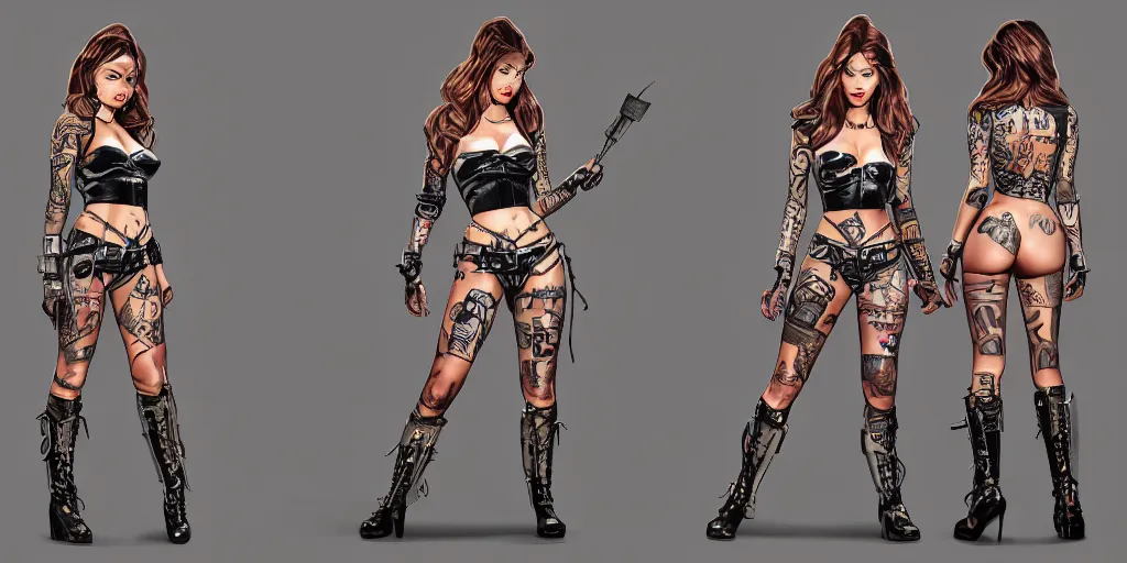 Prompt: sasha rose as a tattooed armored pinup, wearing scratched and ripped leather shorts and a short jacket full of stamps and stitches, character sheet, fine details, concept design, contrast, brigitte bardot, kim jung gi, greg rutkowski, trending on artstation, 8 k, full body, turnaround, front view, back view, ultra wide angle
