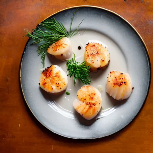 Prompt: scallops on a plate, on a table made up of deadfish