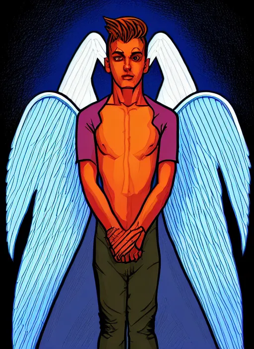 Image similar to symmetry!! concept art, art by dan mumford!!, full shot, sketch!! of a male angel, smooth, sharp focus, illustration