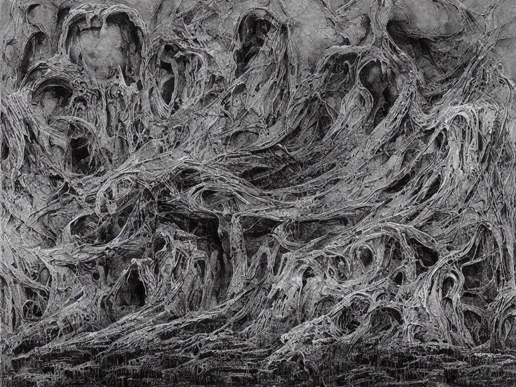 Image similar to landscape by H.R. Giger, Zdzislaw Beksinski, Todd McFarlane