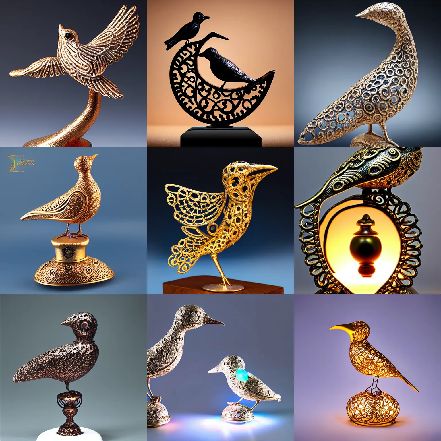 Prompt: hollow filigree bird - shaped statue, with a glowing gemstone inside it, detailed 8 k, award - winning photography