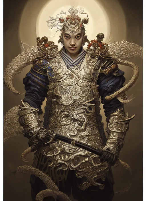 Image similar to subsurface scattering, white, koi, samurai deity with filigree ivory armor, by jesper ejsing, james jean, justin gerard, tomasz alen kopera, cgsociety and fenghua zhong, highly detailed, rim light, cinematic lighting, illustration, art, octane render, very coherent, cinematic, hyper realism, high detail, 8 k