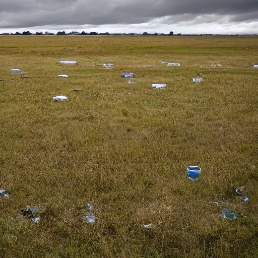 Prompt: rainy abandoned grassy field wasteland with white identical washing machines scattered across the wide open field - no horizon