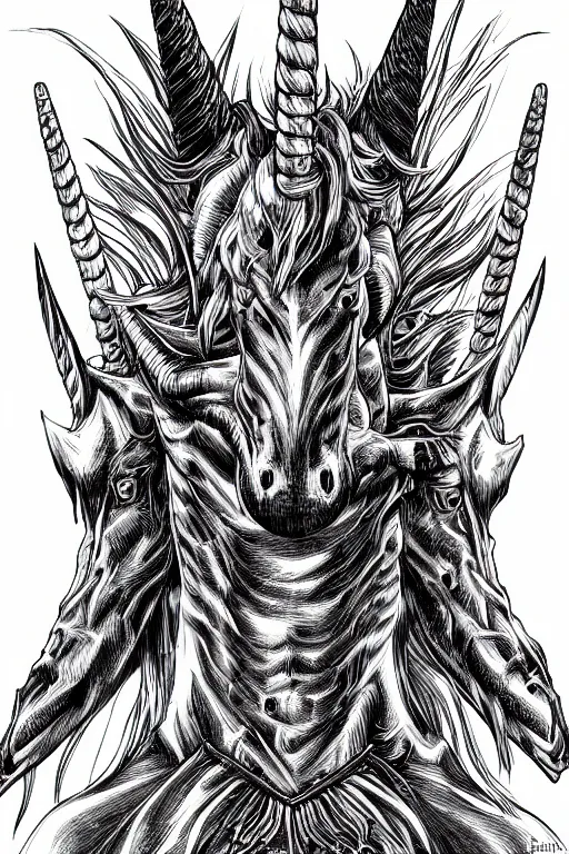 Image similar to bloodthirsty unicorn, symmetrical, highly detailed, digital art, sharp focus, trending on art station, kentaro miura manga art style