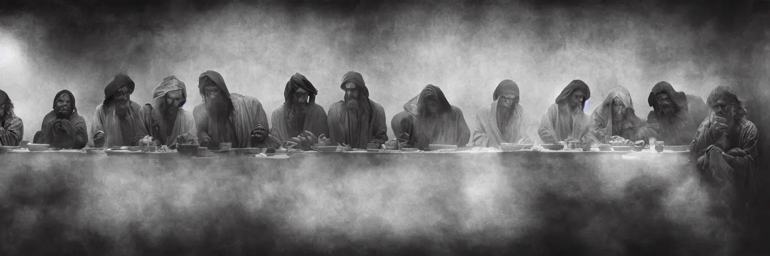 Image similar to Award Winning Editorial 84° wide-angle picture of a Tramps with bowed heads in a Soup Kitchen by David Bailey and Lee Jeffries, called 'The Last Supper', 85mm ND 5, perfect lighting, gelatin silver process