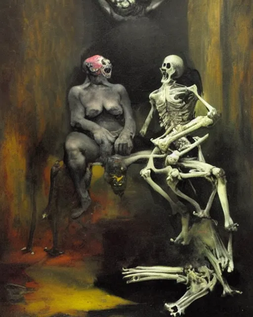 Image similar to dark fleshy figure seated next to another dark angry figure laughing in a messy living room by Francisco Goya and Francis Bacon and James Jean, dark interior room background, mythological painting, oil painting, triadic color scheme, very coherent, Figure laughing seated on a throne made out of bones inside interior room, Beksinski painting, masterpiece, artstation