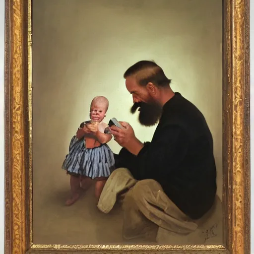 Image similar to painting of beard grandpa taking a photo to a baby girl, laszlo moholy