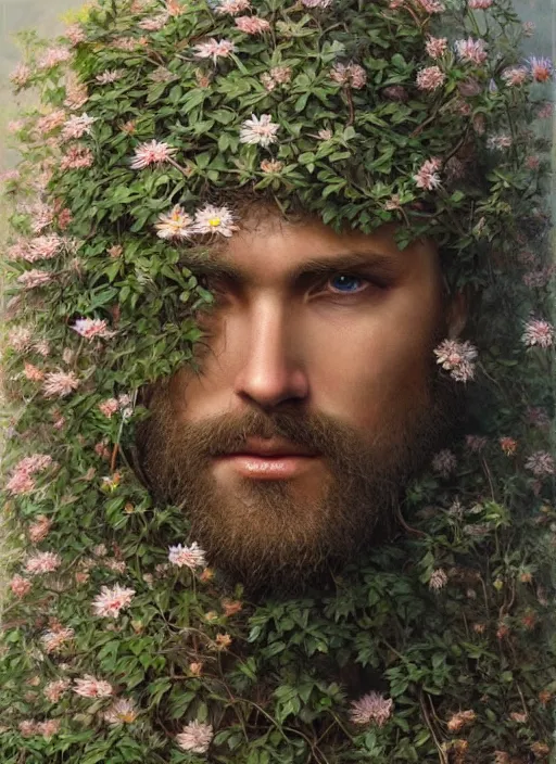 Prompt: a man with a flowery bush instead of a head, intricate roots, highly detailed, concept art, hyperrealistic, oil painting by greg staples, 8 k