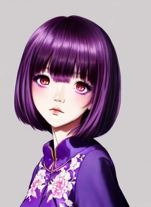 Image similar to full body illustration of an ulzzang korean girl purple hair with hime cut bangs, head slightly tilted, wearing an ornate cheongsam, ilya kuvshinov, anime, pixiv top monthly, trending on artstation, cinematic, danbooru, zerochan art, kyoto animation