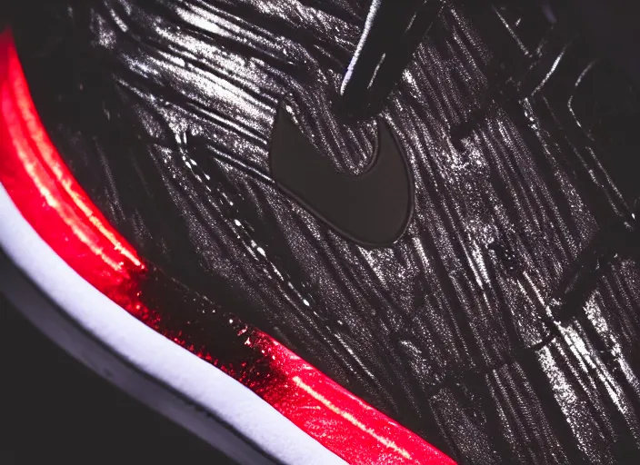 Image similar to product still of Darth Vader signature Nikes, metallic black with white stripes and a glowing red swoosh, 85mm f1.8