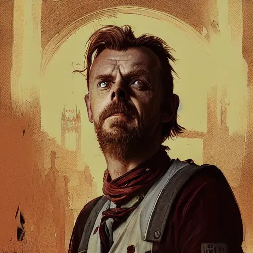 Image similar to portrait of simon pegg in the london of suburbs, winchester rifle, zombie apocalypse, joyful smirk, intricate, elegant, highly detailed, digital painting, artstation, concept art, matte, sharp focus, illustration, art by artgerm and greg rutkowski and alphonse mucha