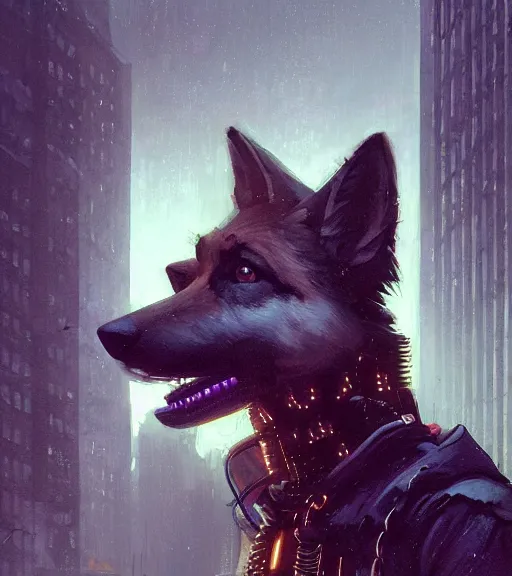 Image similar to new york city portrait of furry anthro anthropomorphic german shepard head animal person fursona wearing clothes strange cybernetic muzzle gloomy rainy cyberpunk 2077 digital art by Greg Rutkowski, Simon Stalenhag, christopher nolan trending on Artstation, CGSociety