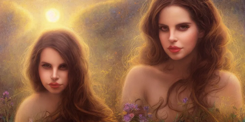 Image similar to big-eyed Lana Del Rey staring into the camera, sundown misty firefly wisps, Lilia Alvarado, Sophie Anderson, Mark Arian, Bob Byerley, Charlie Bowater, Mark Brooks, Steve Henderson, Justin Gerard, Arthur Hughes, Edward Robert Hughes, Mark Keathley, Victor Nizovtsev, Carlos Shwabe, Ross Tran, WLOP