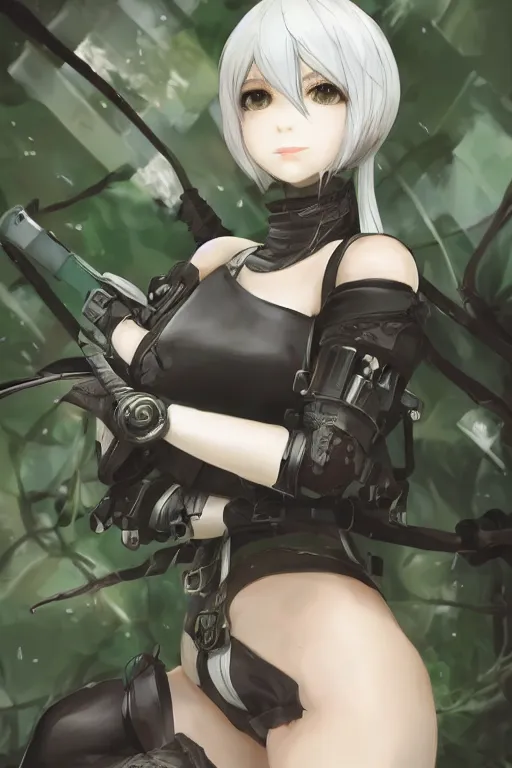 Image similar to beautiful portrait of 2B from nier automata, forest, junkyard, pretty, semi realistic anime, hyper detailed, 8k, DeviantArt, Instagram, Behance, Artstation, trending on artstation, Pixiv, Pixiv daily ranking, art of silverfox, Yee Chong Silverfox, Sydney Hanson, Mickael Lelièvre, Jaeyeon Nam, derevschikova, Elina Karimova