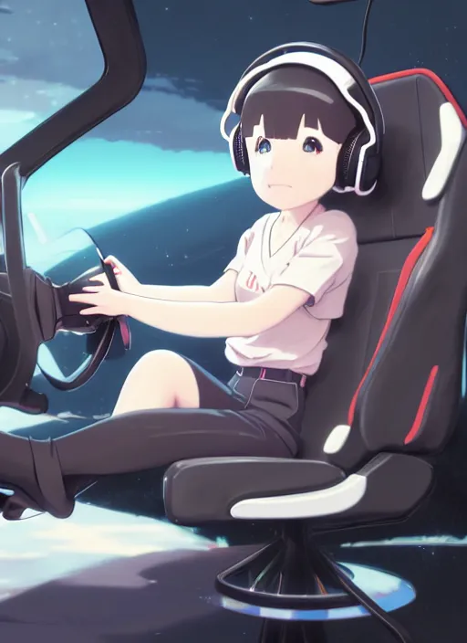 Prompt: portrait of cute girl driving on simracing simulator, personal room background, illustration concept art anime key visual trending pixiv fanbox by wlop and greg rutkowski and makoto shinkai and studio ghibli and kyoto animation, fanatec peripherals, playseat evolution, symmetrical facial features, small headphones, ferrari, sf 1 0 0 0