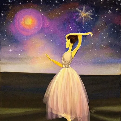 Prompt: Ballerina in a dress looking at a starry sky, galaxy, beautiful, painting, highly detailed, soft light