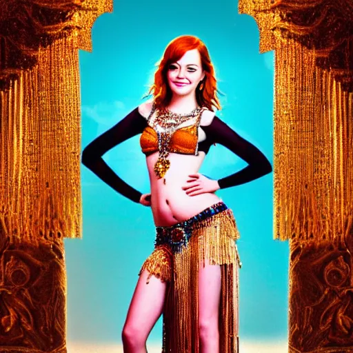 Image similar to a beautiful portrait of emma stone as a belly dancer, arabian night, high quality, fully detailed, 4 k