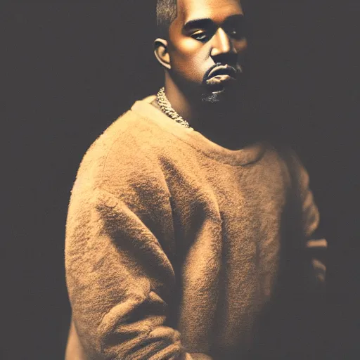 Image similar to a ( ( chiaroscuro lighting portrait ) ) of kanye west ( ( ( dressed as teddy bear mascot ) ) ), black background, ( ( ( portrait by julia margaret cameron ) ) ), shallow depth of field, 8 0 mm, f 1. 8