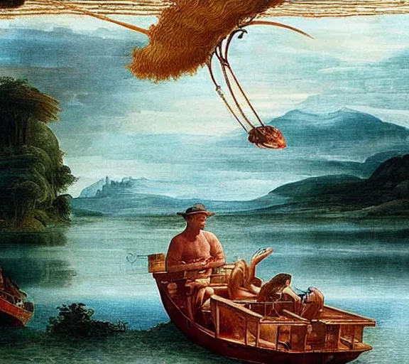 Image similar to Tom hanks as forrest fishing for shrimp in a giant shrimp boat, majestic beautiful world, renaissance painting, amazing detail