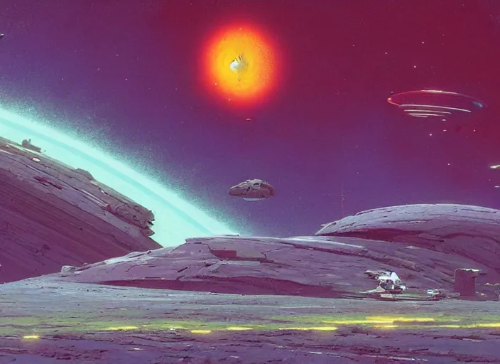 Image similar to a brightly - coloured spacecraft in a stunning landscape by martin deschambault, dean ellis, peter elson, josan gonzalez, david a hardy, john harris, wadim kashin, angus mckie, moebius, bruce pennington, sci - fi art