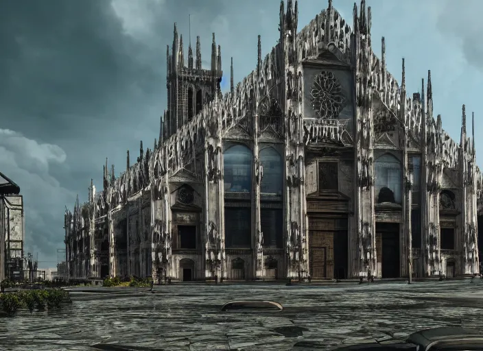 Prompt: duomo di milano post apocalyptic, vegetation, ultra realistic, insane details, cinematic, epic composition, unreal engine, octane render