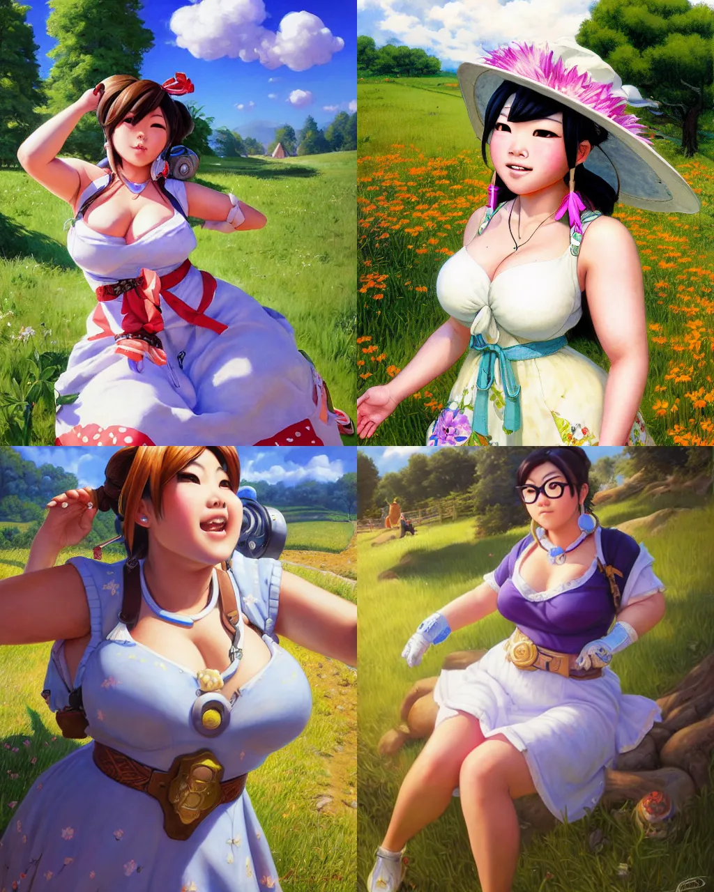 Prompt: portrait, mei from overwatch wearing a beautiful summer dress in the countryside, by greg staples and jeff easley, chubby, beautiful scene, hyper - realistic, intricate, summer day, sunlight, cheerful, soft lighting, detailed