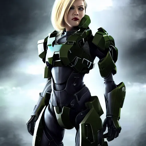 Prompt: A combination of Ada Wong's and Grace Kelly's and Katheryn Winnick's appearances with blonde hair wearing Master Chief's armor from Halo, high tech, action shot, angular, full body portrait, futuristic, dramatic, fantasy, intricate, elegant, highly detailed, digital painting, artstation, concept art, sharp focus, illustration, 8K, art by Donato Giancola and James Gurney