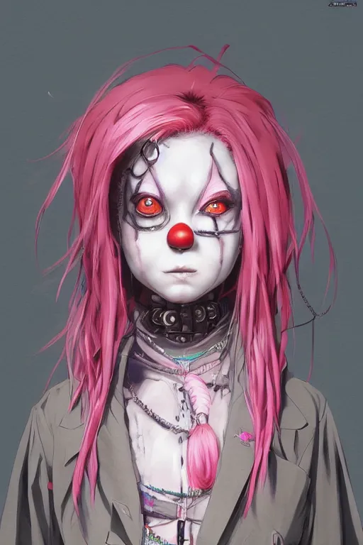 Image similar to by kyoto animation, very creepy clown girl pink hair, wearing cyberpunk intricate streetwear, beautiful, detailed portrait, intricate complexity, ilya kuvshinov, cell shaded, 4 k, concept art, by wlop, ilya kuvshinov, artgerm, krenz cushart, greg rutkowski, sharp focus, volumetric lighting, cinematic lighting, studio quality