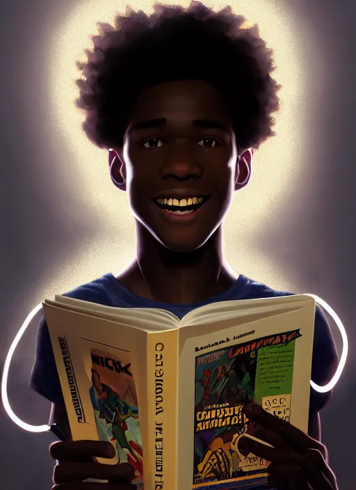 Image similar to portrait of teenage chuck clayton, black teenage boy, short curly hair, short hair square jaw, slight excited smile, reading a comic book, intricate, elegant, glowing lights, highly detailed, digital painting, artstation, concept art, smooth, sharp focus, illustration, art by wlop, mars ravelo and greg rutkowski