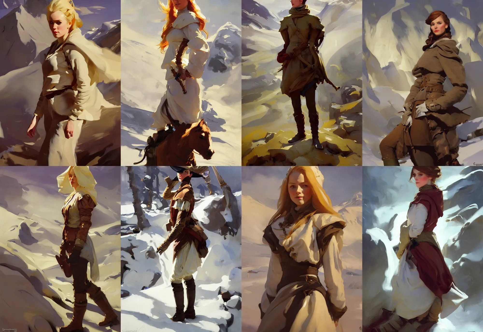 Prompt: portrait of ireland norway model girl jodhpurs hyperborea winter traveler treasure hunter greg manchess painting by sargent and leyendecker, fantasy, medium shot, asymmetrical, intricate, elegant, matte painting, illustration, hearthstone, by rhads, by greg rutkowski, by greg tocchini, by james gilleard, by joe fenton