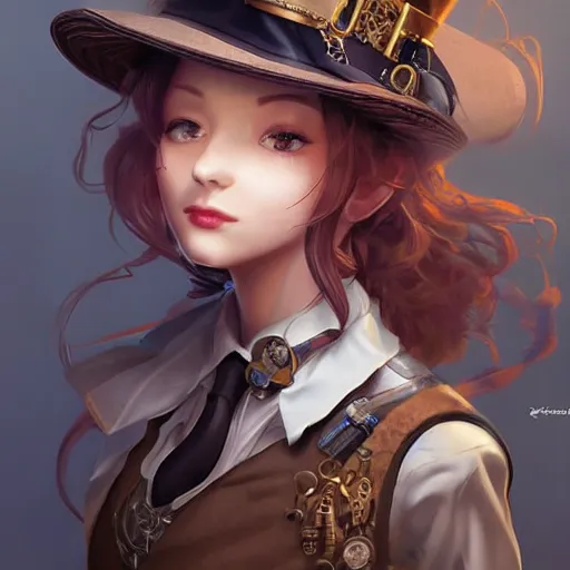 Prompt: a beautiful steampunk detective girl sitting in her office | | cute - fine - face, pretty face, fine details by stanley artgerm lau, wlop, rossdraws, james jean, andrei riabovitchev, marc simonetti, and sakimichan, trending on artstation