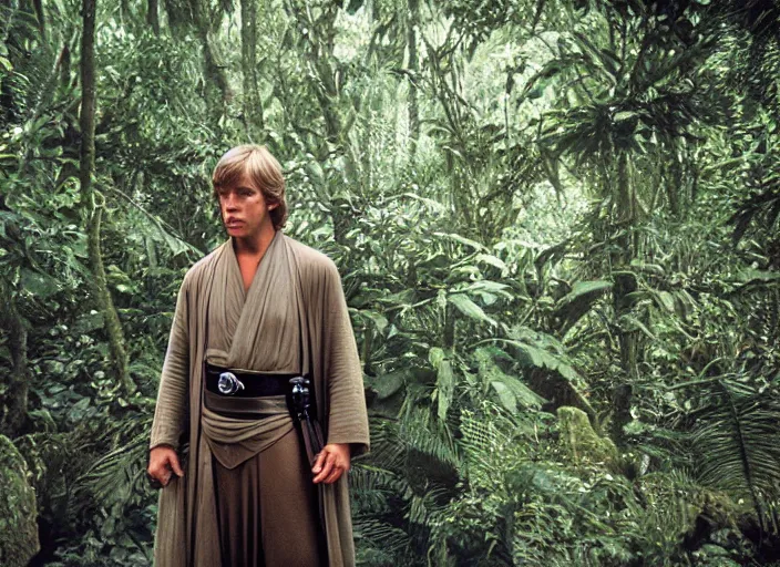 Image similar to Luke Skywalker at the new jedi temple school, in the jungle. Photographed with Leica Summilux-M 24 mm lens, detailed photorealistic face, ISO 100, f/8, Portra 400