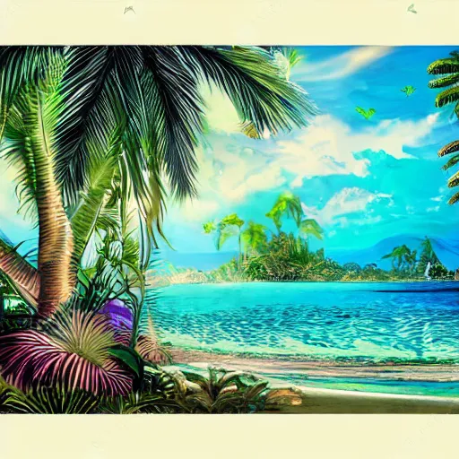 Image similar to tropical island, 8 k, high resolution, detailed charcoal drawing, beautiful hd, art nouveau, concept art, colourful artwork, in the style of axel aabrink