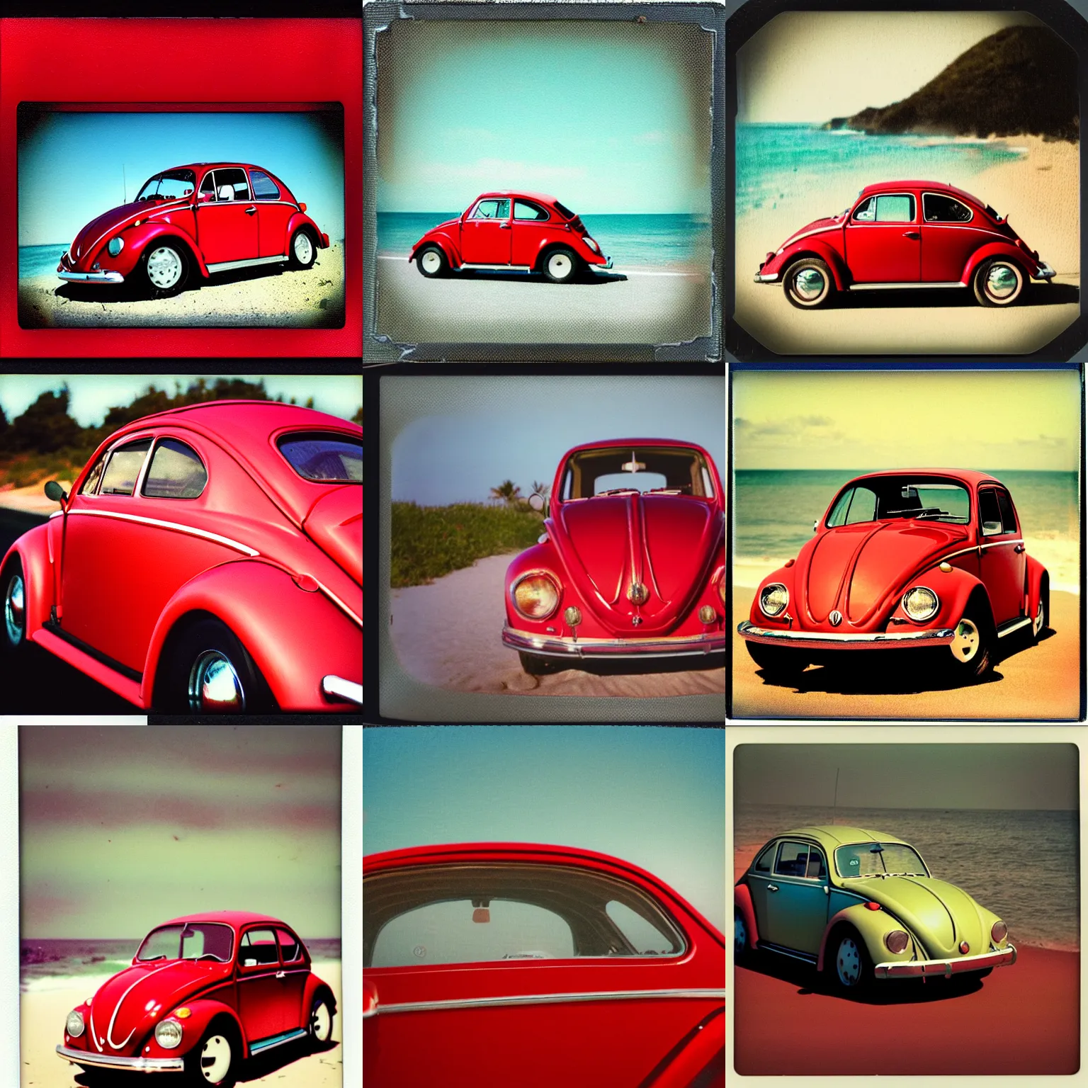 Prompt: instax polaroid film photo of a candy apple red metallic volkswagen bug next to the ocean, nostalgia, faded glow, expired film analog photography, grainy texturized dusty, saturated colorized