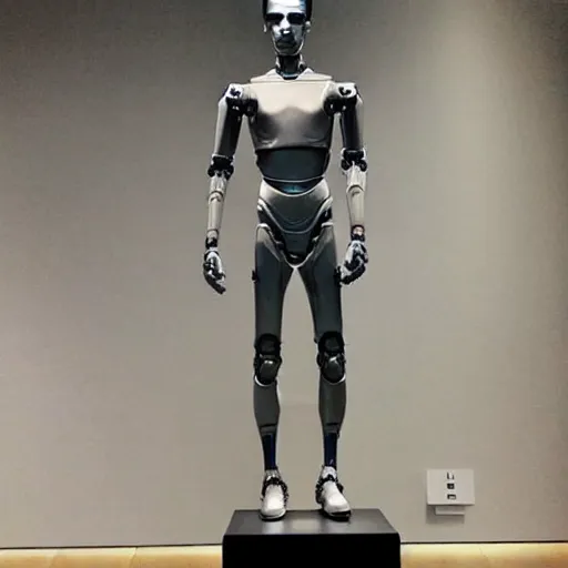 Image similar to “a realistic detailed photo of a guy who is an attractive humanoid who is half robot and half humanoid, who is a male android, actor Grant Gustin, shiny skin, posing like a statue, blank stare, at the museum, on display”