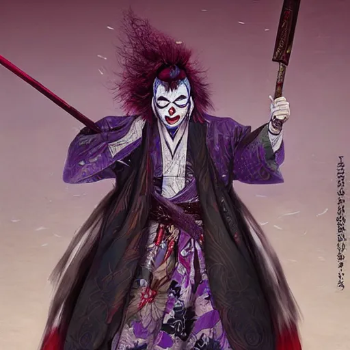 Prompt: an epic portrait of insane kabuki male wielding a spear covered in a distorting aura, intricate purple hakama, poofy red wig, eerie, highly detailed, dark fantasy, shallow depth of field, art by artgerm and greg rutkowski