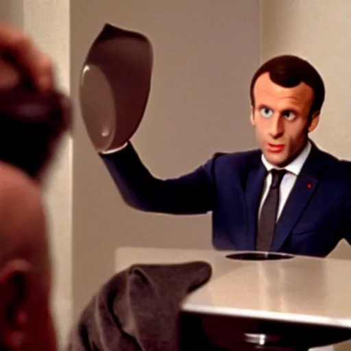 Prompt: Emmanuel Macron bubble head in American Psycho (1999)