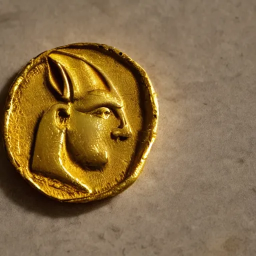 Prompt: an ancient roman gold coin with the face of anubis, close up photo, ultra realistic, studio photo, bokeh.