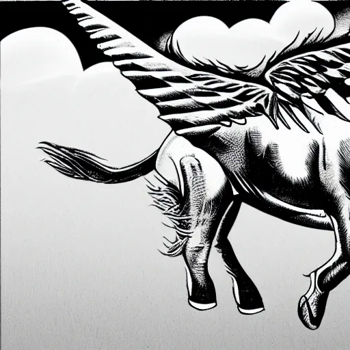 Prompt: winged flying pig with unicorn horn, richard corben style, black and white, 8k