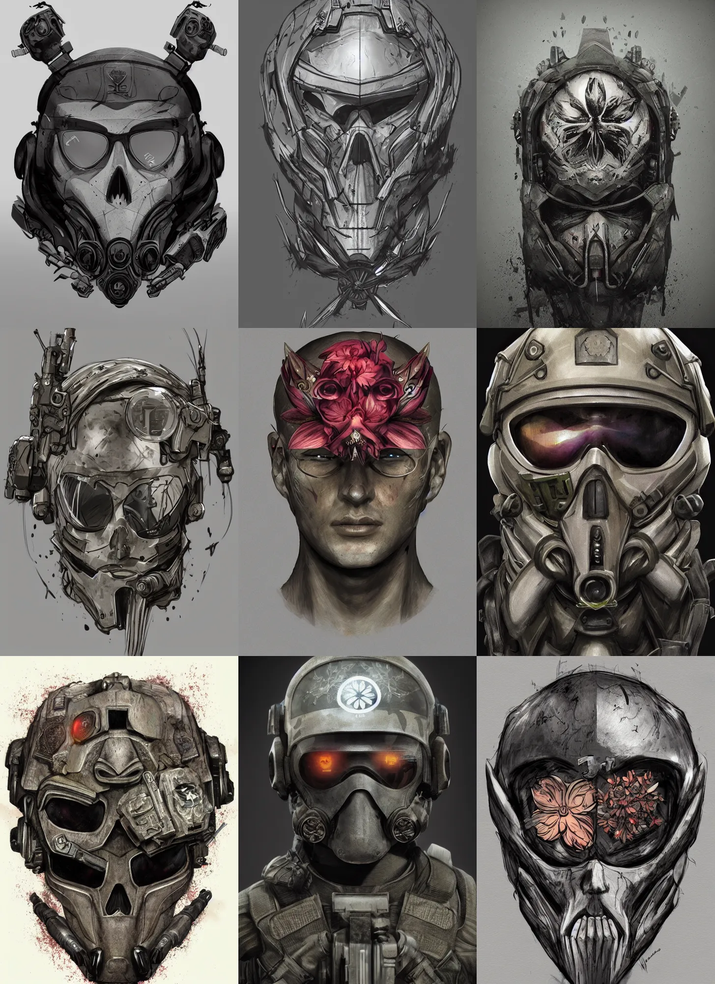 Prompt: spec - ops head, flower logo on forehead, special forces, dark design, artstation, concept art, realistic, intricate details