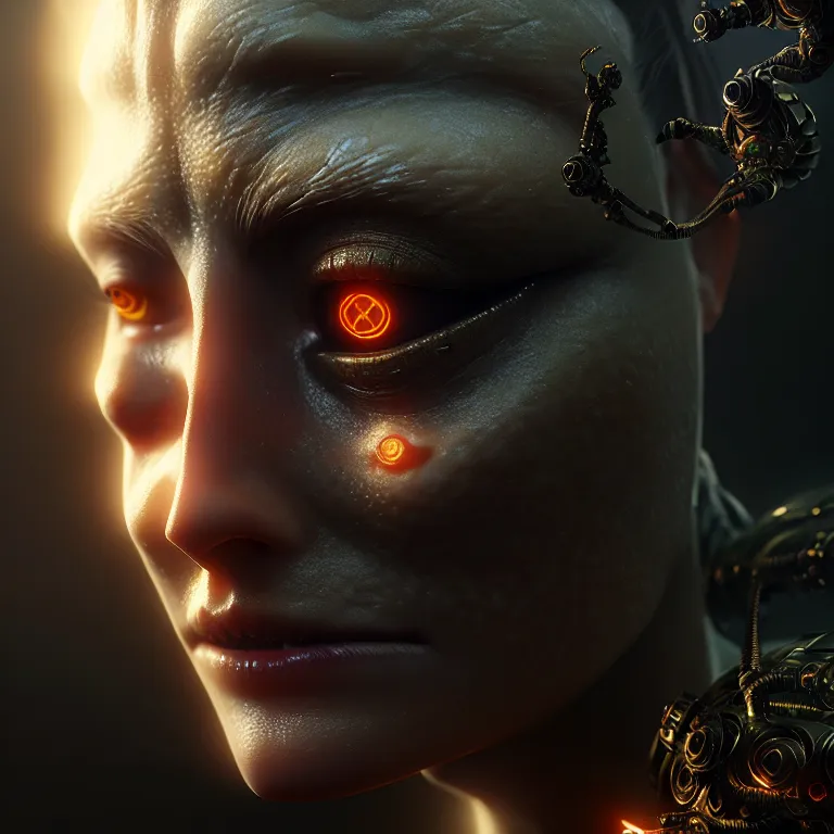 Image similar to ultra realistic beautiful cyborg deity eyes closed, fantasy, intricate details, movie still, highly detailed, photorealistic, octane render, eerie, 8k, art by james clyne and greg rutkowski and michael welan