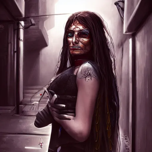 Image similar to a beautiful realistic portrait of a cyberpunk priestess in a dark alley