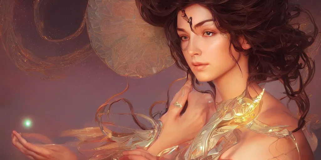 Image similar to epic portrait an star goddess, glowing , beautiful, glossy skin, intricate, full frontal shot, highly detailed, digital painting, artstation, concept art, sharp focus, illustration, art by artgerm and greg rutkowski and alphonse mucha