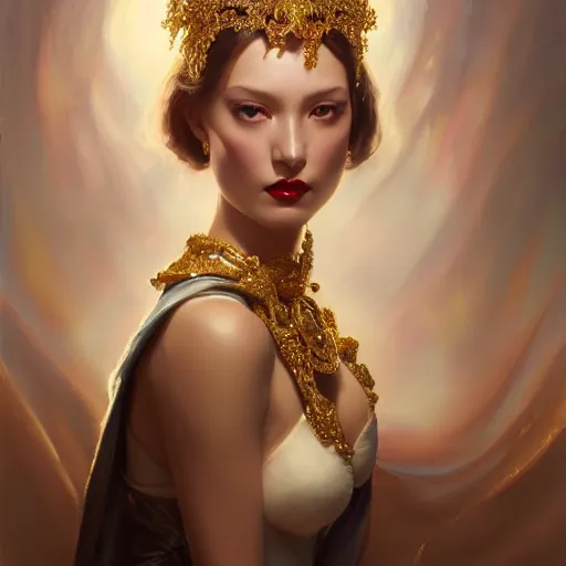 Prompt: expressive oil painting, of alluring european princess, seductive look, smooth glowing skin, glistening body, love, adoration, ornate headpiece made from metal, glamour shot, by yoshitaka amano, by greg rutkowski, by jeremyg lipkinng, by artgerm, digital art, octane render, white dress