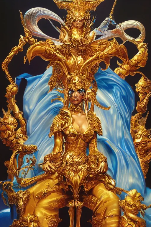 Prompt: airbrush painting of an amazing magic golden queen seated over a fantasy throne, by hajime sorayama and boris vallejo, realistic, hyperdetailed, centered, trending on artstation,