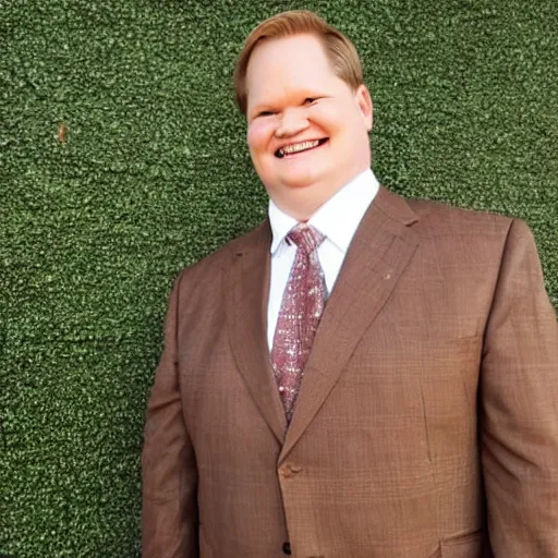 Prompt: Andy Richter is wearing a chocolate brown suit and necktie. Andy is standing outside in the bright sun. His face is glistening with sweat.